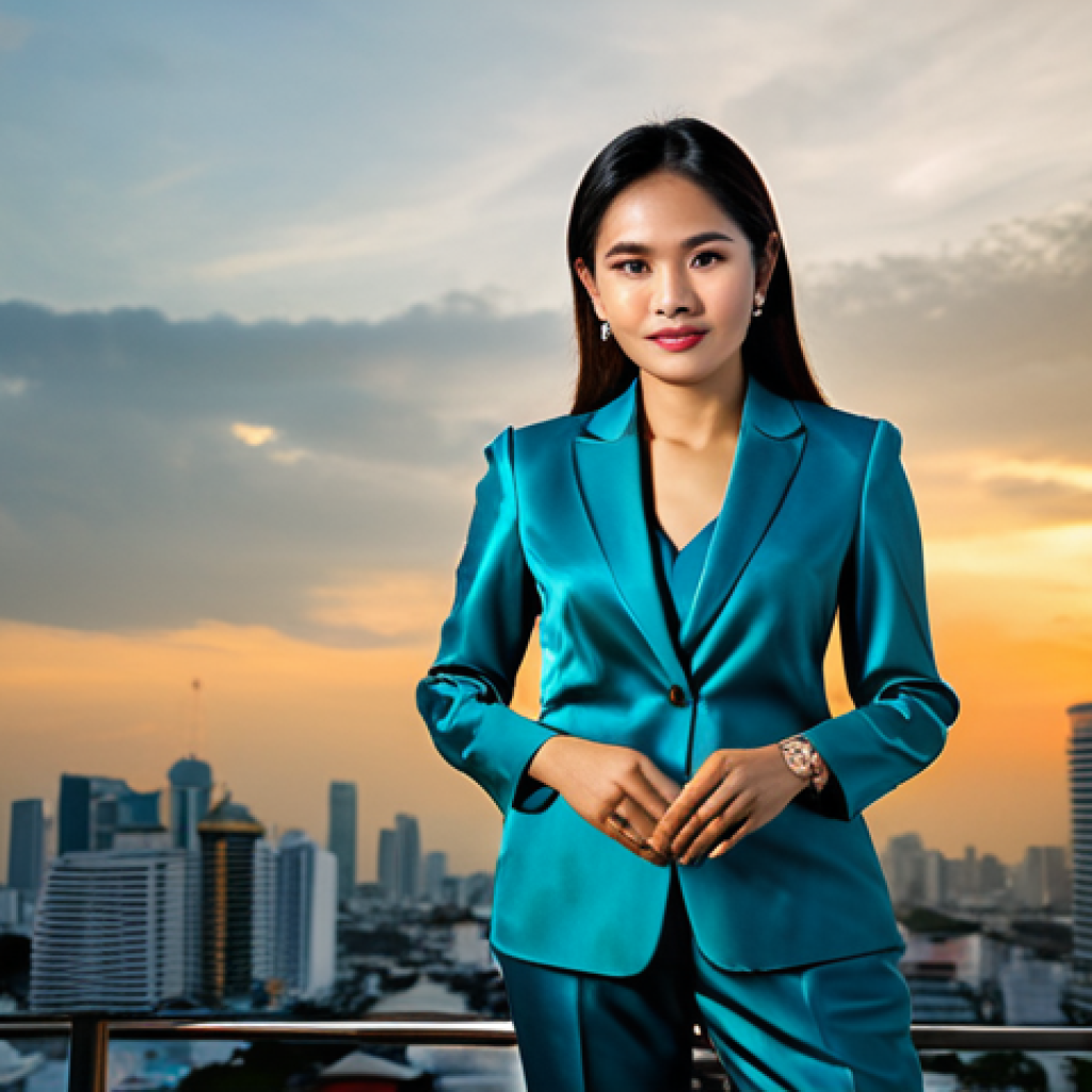 ** "A professional Thai businesswoman in a modest, elegant silk suit, standing in front of the Bangkok skyline at sunset, fully clothed, appropriate attire, safe for work, perfect anatomy, natural proportions, professional photography, high quality." **