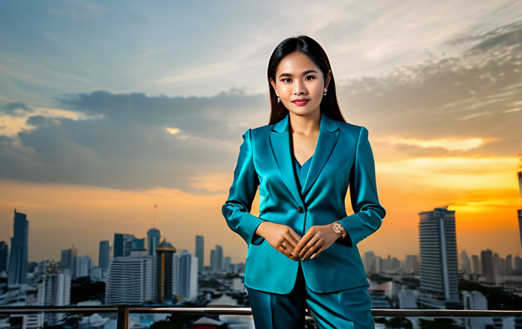 ** "A professional Thai businesswoman in a modest, elegant silk suit, standing in front of the Bangkok skyline at sunset, fully clothed, appropriate attire, safe for work, perfect anatomy, natural proportions, professional photography, high quality." **