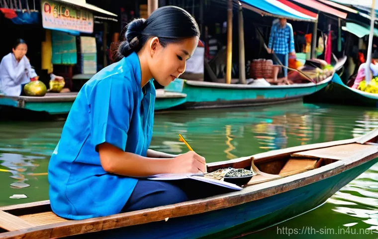 시뮬레이션게임 제작 과정 - **"Amphawa Market Inspiration"** A vibrant, sunlit scene at the Amphawa Floating Market in Thail...