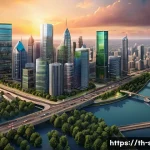 Home 22 중독성 높은 시뮬레이션게임 - A detailed city-building simulation scene showing a bustling modern city with diverse skyscrapers, g...