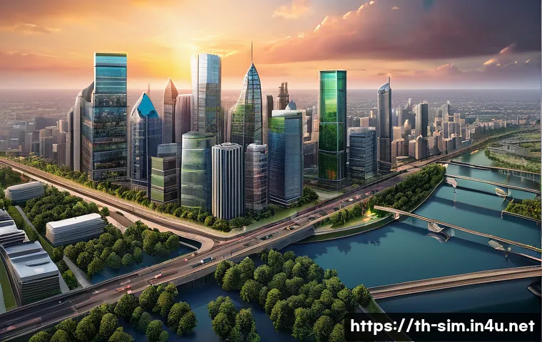 중독성 높은 시뮬레이션게임 - A detailed city-building simulation scene showing a bustling modern city with diverse skyscrapers, g...