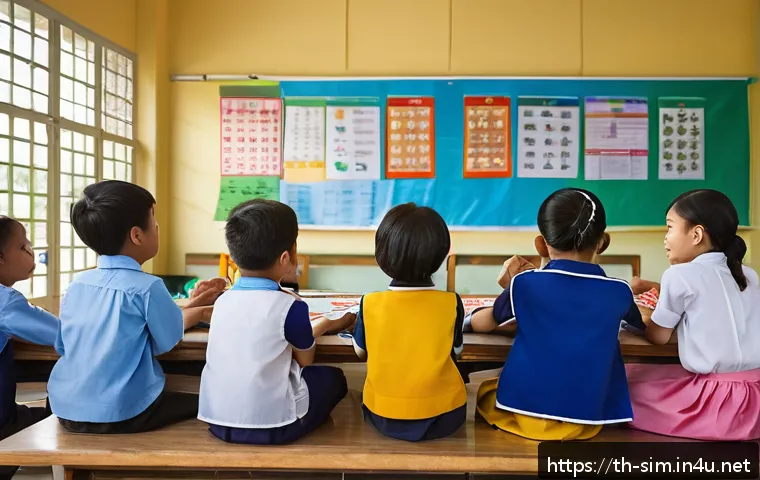 시뮬레이션게임의 교육적 가치 - A vibrant classroom scene in a Thai school where a diverse group of children aged around 10-12 are e...