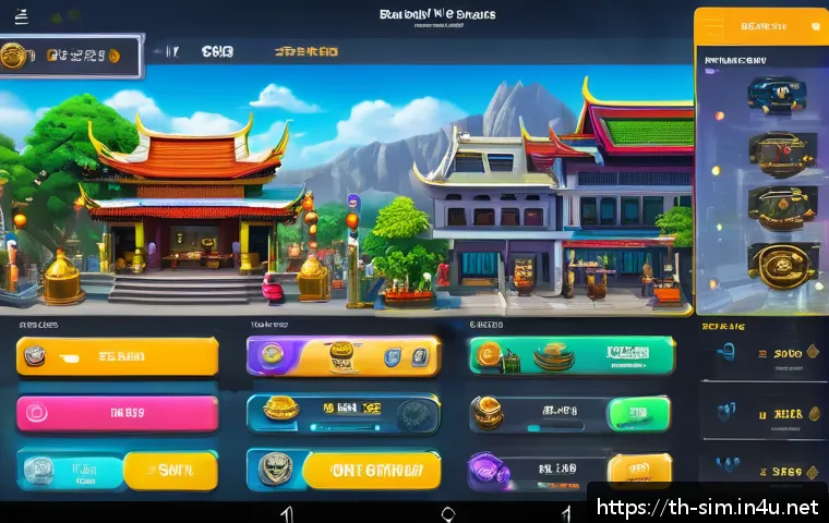 시뮬레이션게임 수익 모델 분석 - A vibrant scene of a mobile simulation game interface showcasing an in-game shop filled with various...