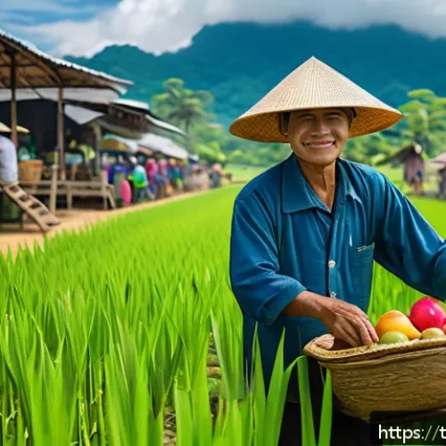 Home 29 최고의 시뮬레이션게임 이유 - A detailed scene of a bustling Thai community farm simulation game, featuring a farmer in casual clo...