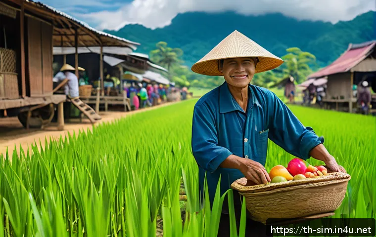 최고의 시뮬레이션게임 이유 - A detailed scene of a bustling Thai community farm simulation game, featuring a farmer in casual clo...